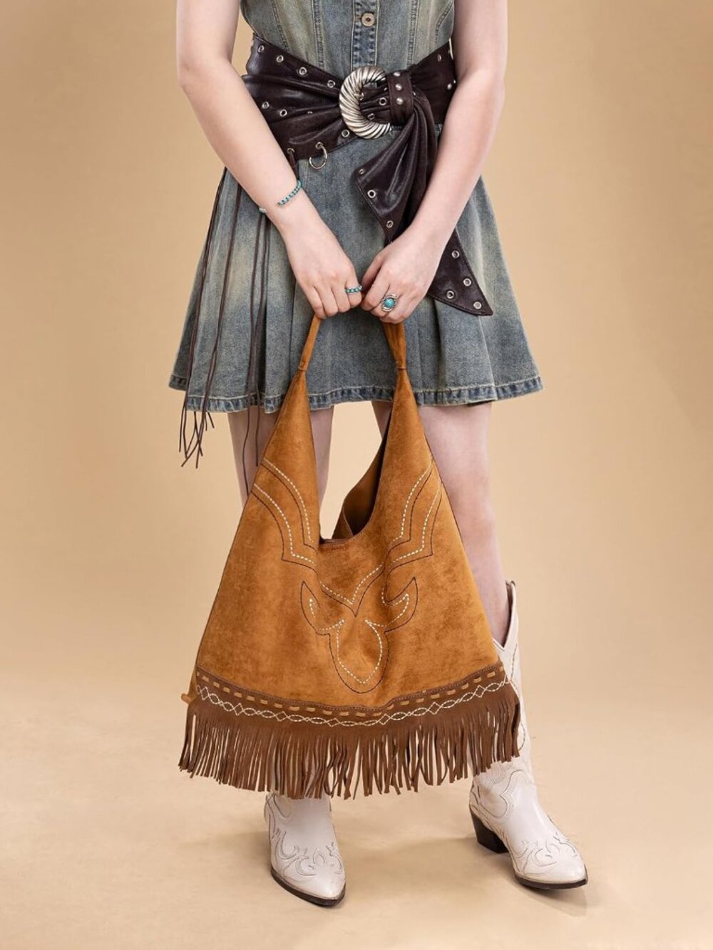 Fringe Large Hobo Bags for Women Western Oversize Suede Shoulder Purses Ladies T - Picture 3 of 4